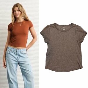 AMERICAN EAGLE Waffle Baby Tee Brown Size Large